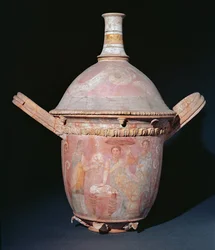 Olla con una escena de mujeres bañándose (terracota pintada)